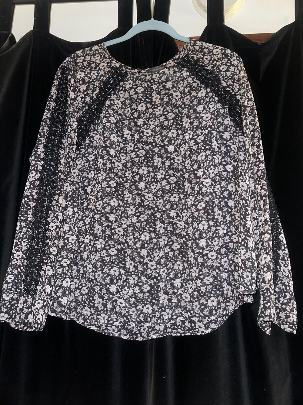 Sheer Vince Camino long sleeve blouse floral print with black lace detailing